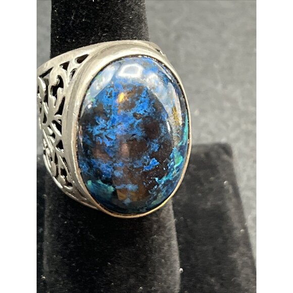 Vintage Sterling Silver Azurite Ring Chunky Open Scrollwork Size 8 Heavy Signed - Picture 2 of 9